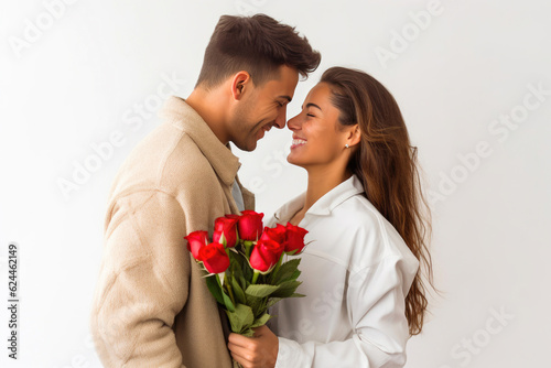 Man Surprises Woman with Beautiful Bouquet. Generative AI