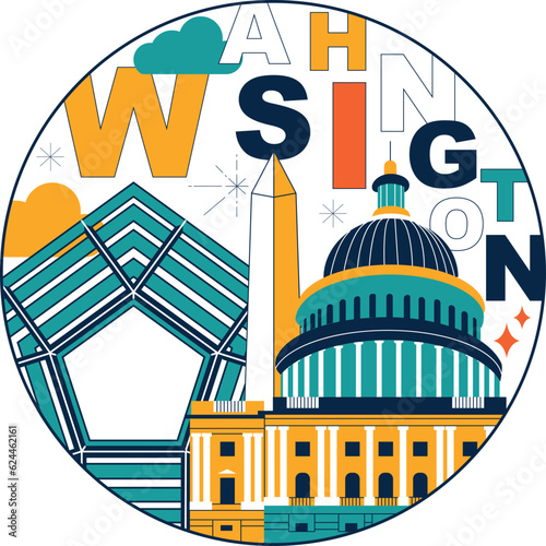 Typography word "Washington" branding technology concept. Collection of flat vector web icons, culture travel set, famous architectures, specialties detailed silhouette. American famous landmark.