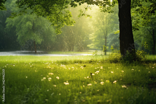 Foto Summer rain on a green meadow in sunlight