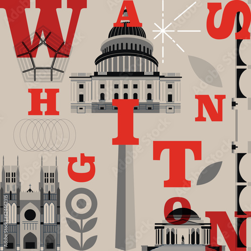 Typography word "Washington" branding technology concept. Collection of flat vector web icons, culture travel set, famous architectures, specialties detailed silhouette. American famous landmark.