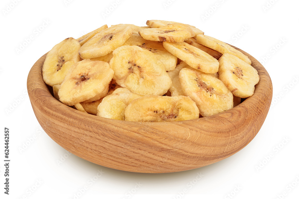 Dried banana chips in wooden bowl isolated on white background with full depth of field Dried banana chips in wooden bowl isolated on white background with full depth of field