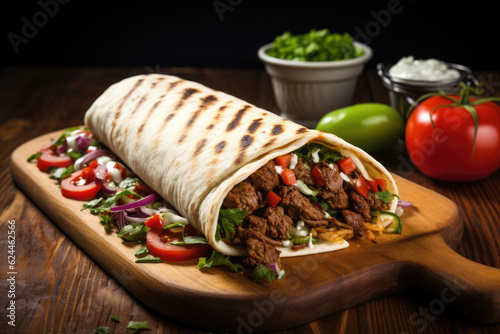 Shawarma sandwich gyro fresh roll of lavash pita bread chicken beef shawarma falafel RecipeTin Eatsfilled with grilled meat, mushrooms, cheese. Traditional Middle Eastern snack.  photo