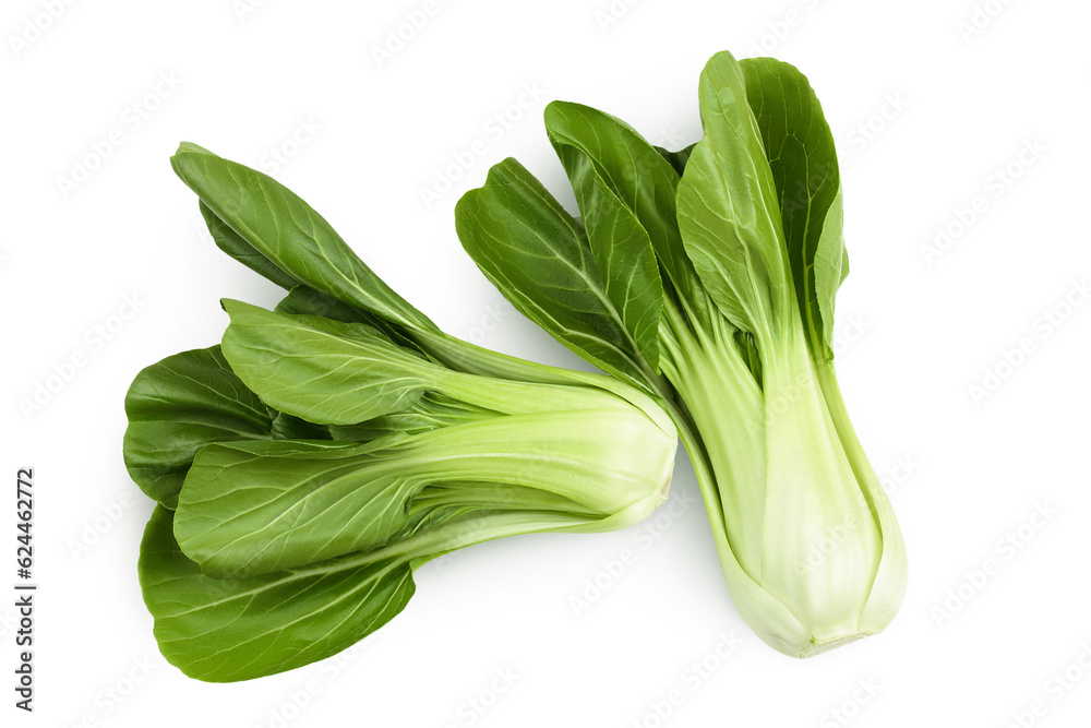 Fresh pak choi cabbage isolated on white background. Top view. Flat lay Fresh pak choi cabbage isolated on white background. Top view. Flat lay