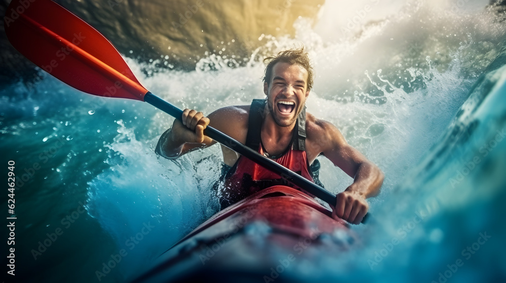 Happy and excited man riding small boat through the waves