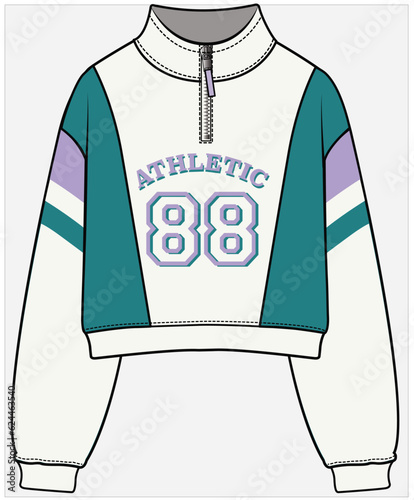 HOODED SPORTY CROP SWEAT TOP WITH CUT AND SEW LONG SLEEVES DETAIL AND TEXT GRAPHIC DESIGNED FOR WOMEN AND TEEN GIRLS IN VECTOR FILE