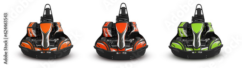 Racing karts without pilot on black background. Karting concept for design. Racing balid front view. Isolated on white background