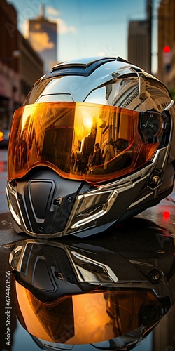 Motorcycle helmet with reflection on city background. Generative AI © Yevheniiya