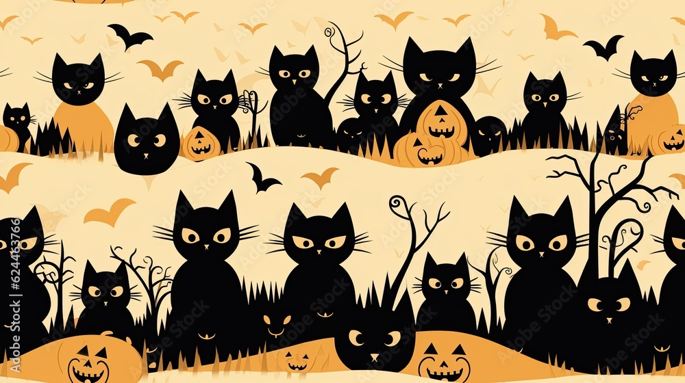 Autumn Halloween seamless background, celebration with festive animals, pumpkin, bats, and cat on yellow and black background