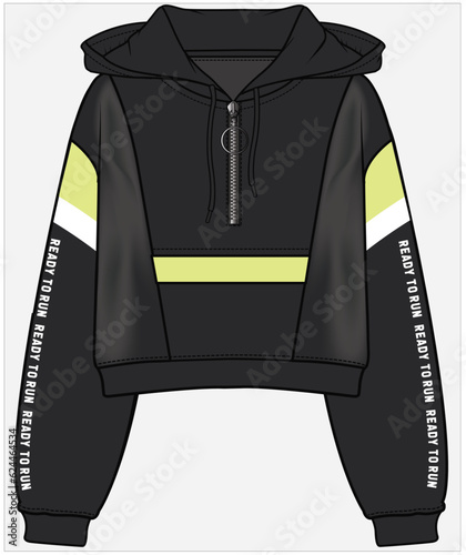 HOODED SPORTY CROP SWEAT TOP WITH CUT AND SEW LONG SLEEVES DETAIL AND TEXT GRAPHIC DESIGNED FOR WOMEN AND TEEN GIRLS IN VECTOR FILE