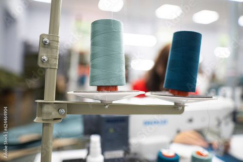 close-up of skeins of thread at an industrial sewing factory for tailoring clothes
