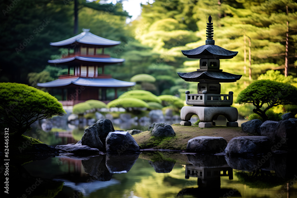 Serenity in Stone Zen Garden with a Traditional Japanese Pagoda Serenity in Stone Zen Garden with a Traditional Japanese Pagoda