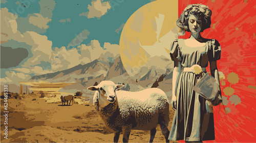 retro girl in a surreal valley with sheep, surrealism art vector illustration © haris