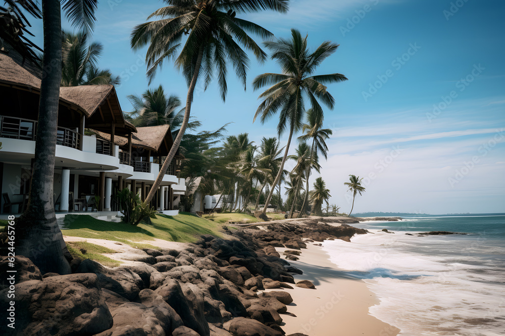Coastal Beauty Beachfront Resort with Palm Trees and Ocean Views - obrazy, fototapety, plakaty 