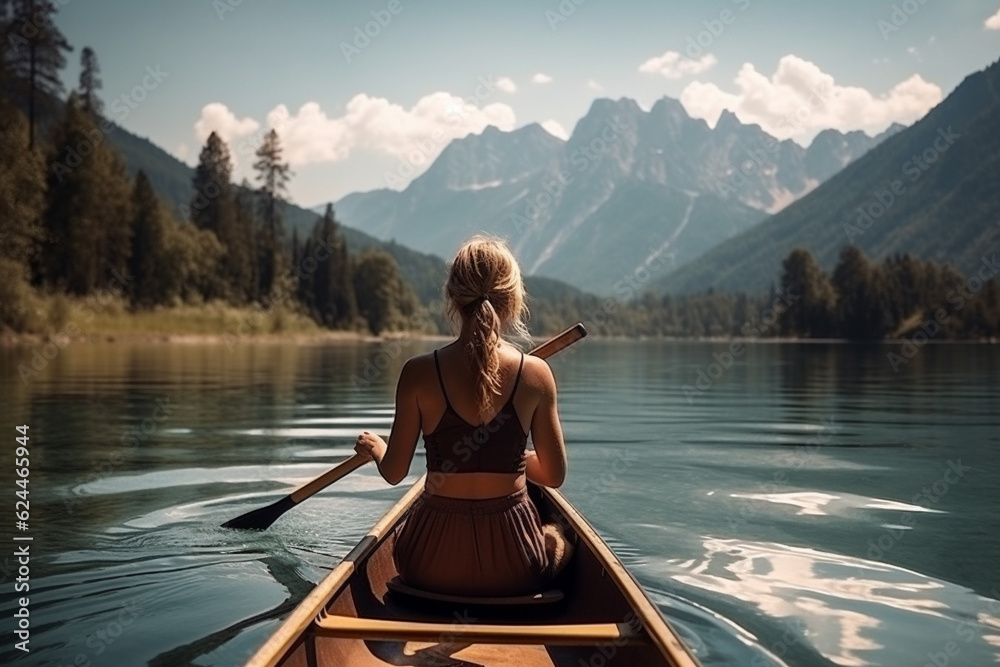 Young woman canoeing in the water of mountain lake, on a summer day