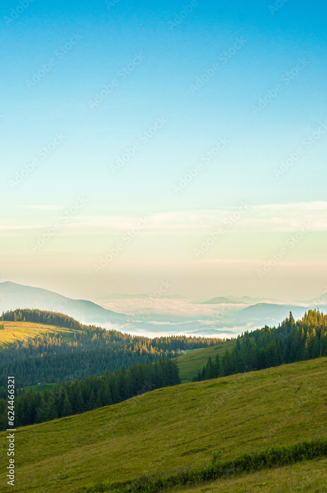 landscape sky forest in the mountains on a sunny summer day mountain silhouettes, fog, wallpaper, poster, cover, nature of the Carpathian mountains, green, natural beauty, vacation, outdoor activities