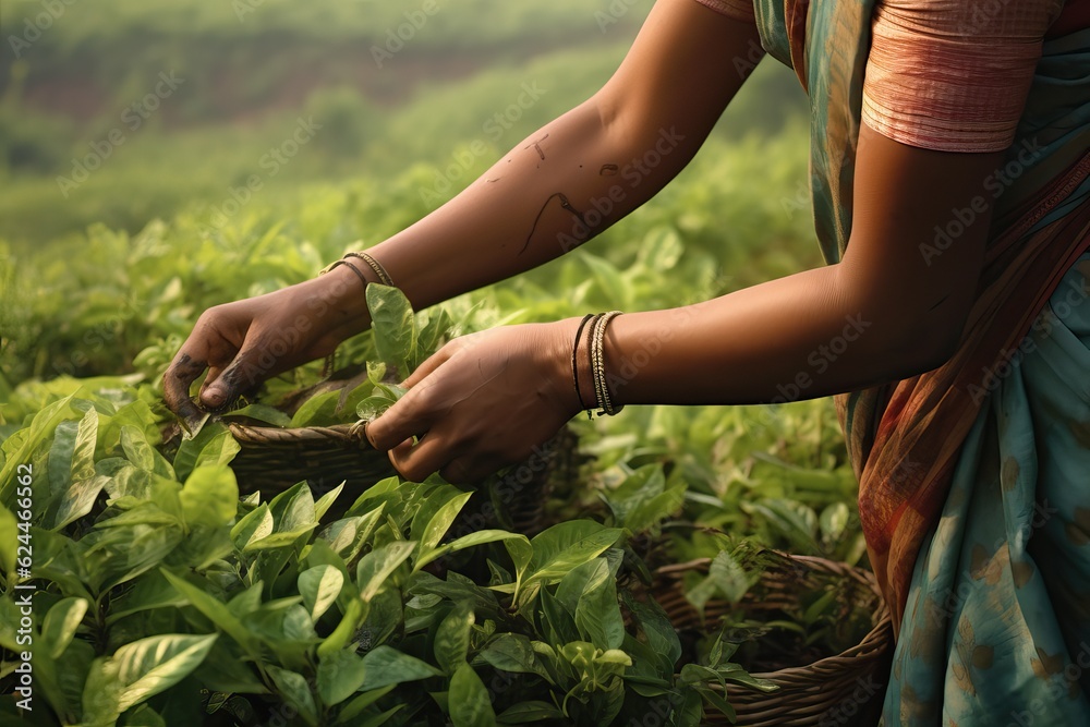 Women's hands close-up during the seasonal tea harvest. Hard painstaking female work to collect fine teas for your table. - obrazy, fototapety, plakaty 