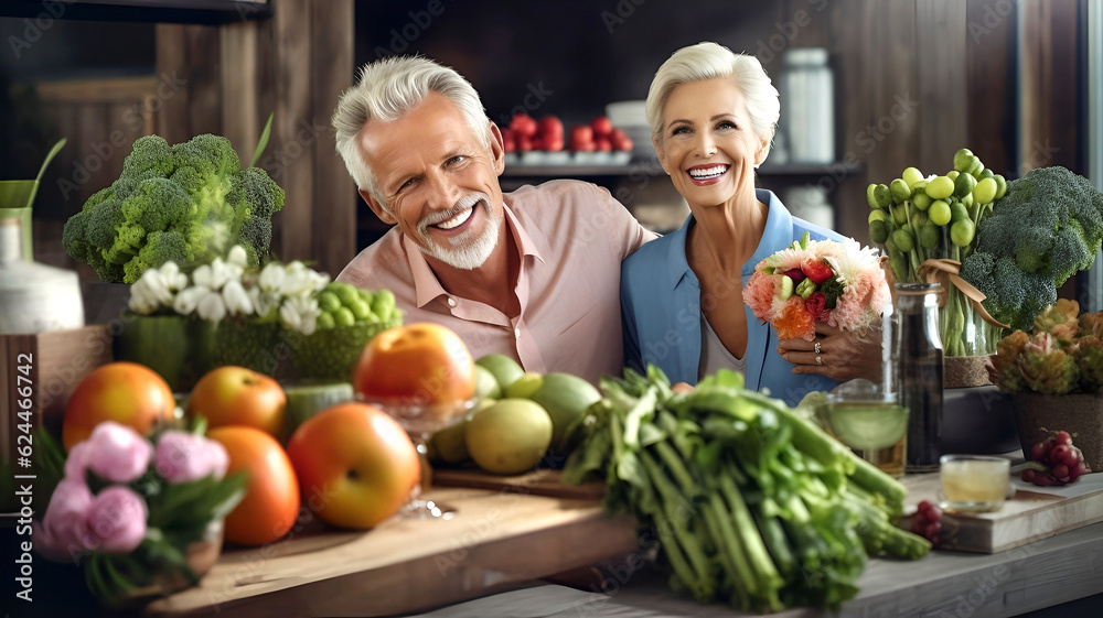 Happy couple in this 50th cooking on kitchen, surrounded by fresh fruits and vegetables. Healthy eating, organic food, nutritions concept illustration made with generative AI