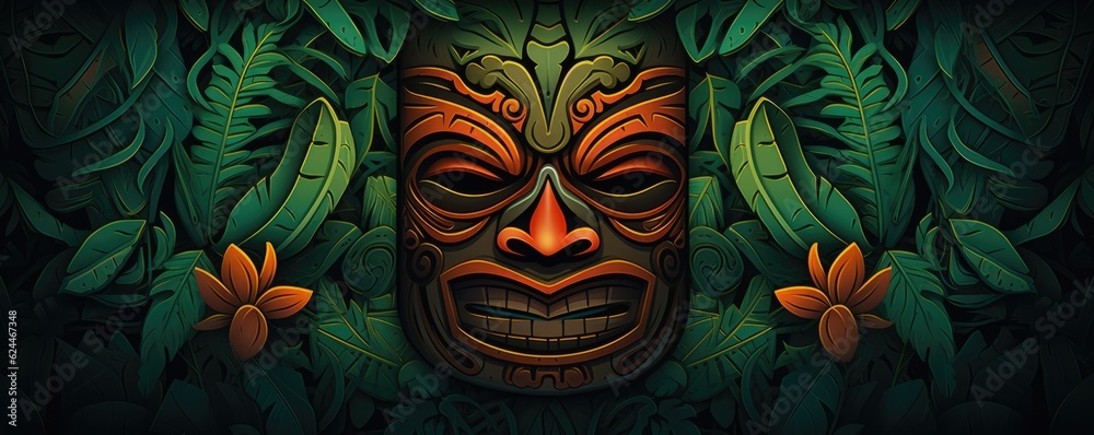 Tropical tiki mask, mystical symbol of the enigmatic lost tribe in the jungle, panorama. Generative Ai. Tropical tiki mask, mystical symbol of the enigmatic lost tribe in the jungle, panorama. Generative Ai.
