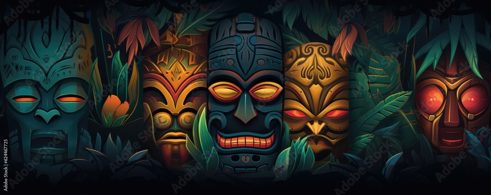Tropical tiki mask, mystical symbol of the enigmatic lost tribe in the jungle, panorama. Generative Ai.