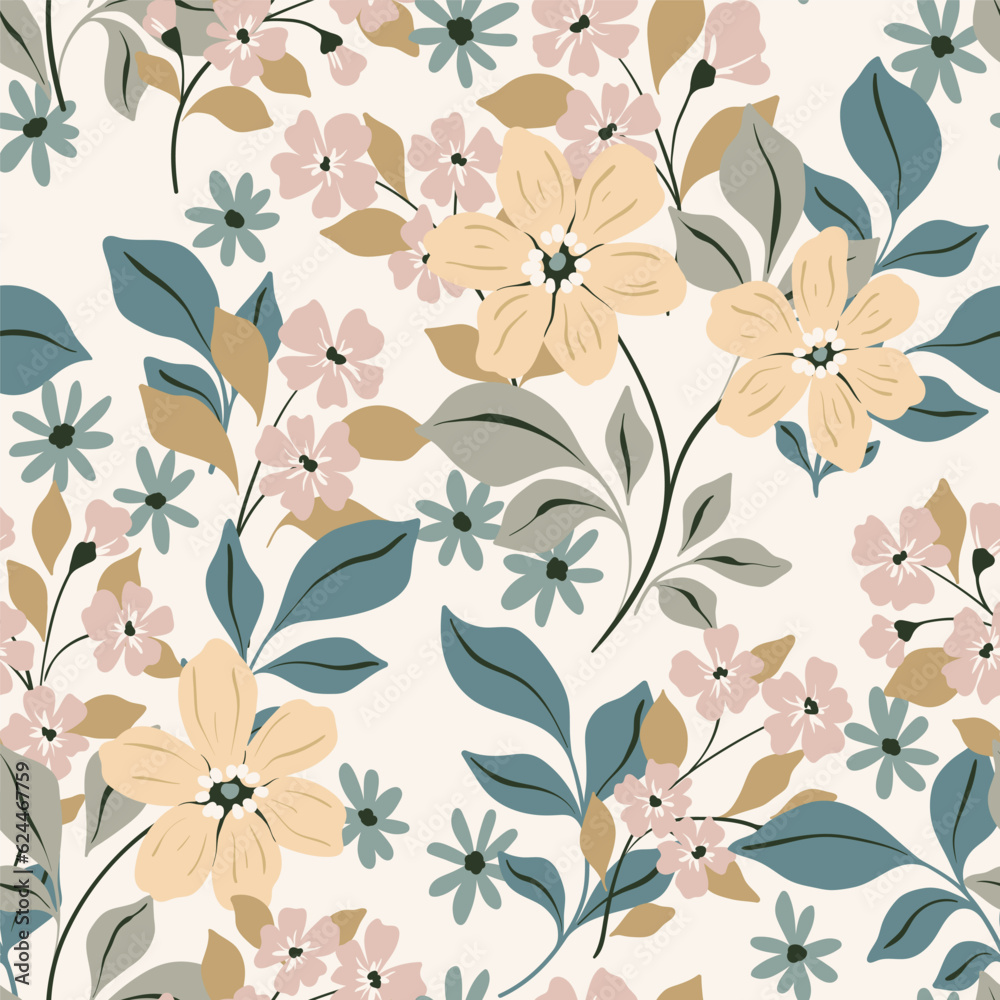 Seamless floral pattern, delicate ditsy print with folk motif. Gentle botanical design, floral decor in pastel colors: hand drawn flowers, branches, leaves on a white background. Vector illustration. Seamless floral pattern, delicate ditsy print with folk motif. Gentle botanical design, floral decor in pastel colors: hand drawn flowers, branches, leaves on a white background. Vector illustration.