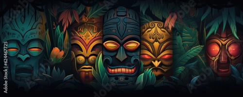 Tropical tiki mask  mystical symbol of the enigmatic lost tribe in the jungle  panorama. Generative Ai.