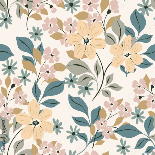 Fototapeta Naklejka Na Ścianę i Meble -  Seamless floral pattern, delicate ditsy print with folk motif. Gentle botanical design, floral decor in pastel colors: hand drawn flowers, branches, leaves on a white background. Vector illustration.
