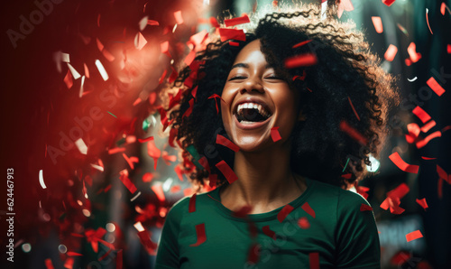 African woman happy and overjoyed after winning a competition celebrations with falling confetti