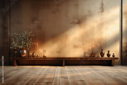 
Mur vide marron et sol en bois avec un reflet intéressant provenant de la fenêtre. Intérieur chaleureux, ia générative