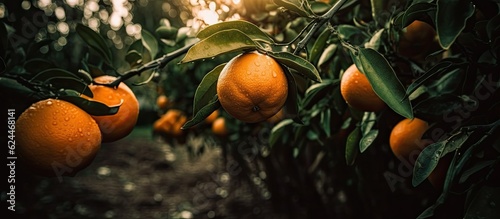 Juicy oranges grow on trees with sun flare