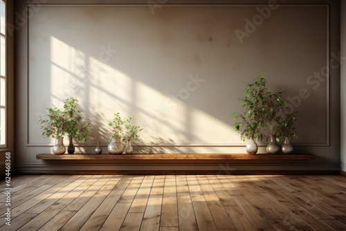  Mur vide marron et sol en bois avec un reflet intéressant provenant de la fenêtre. Intérieur chaleureux, ia générative