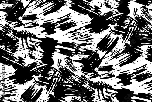 Seamless pattern, chaotic grunge texture with paint splashes, dry brush strokes. Abstract background, trendy graphic design with ink stripes and blots. Black and white illustration, vector.