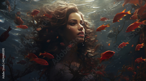 Girl underwater with fish swimming around her
