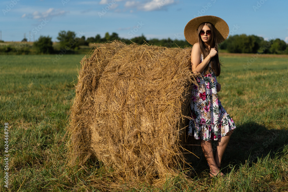 beautiful glamorous girl in a dress and a straw hat on a field near a haystack. beautiful glamorous girl in a dress and a straw hat on a field near a haystack.