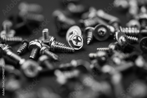 many different screws scattered on a black background