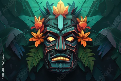 Tropical tiki mask, mystical symbol of the enigmatic lost tribe in the jungle. Generative Ai.