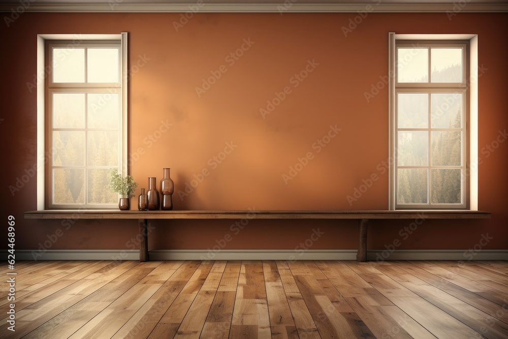 Mur vide marron et sol en bois avec un reflet intéressant provenant de la fenêtre. Intérieur chaleureux, ia générative