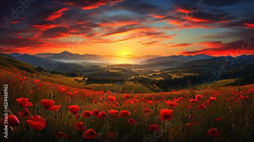 The mountains have red poppies, in the style of romantic landscape