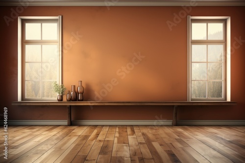 Obraz na płótnie Mur vide marron et sol en bois avec un reflet intéressant provenant de la fenêtre. Intérieur chaleureux, ia générative w salonie