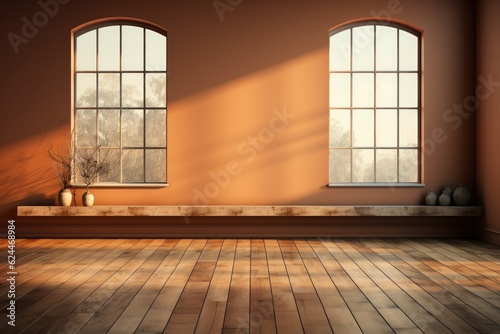 Mur vide marron et sol en bois avec un reflet intéressant provenant de la fenêtre. Intérieur chaleureux, ia générative