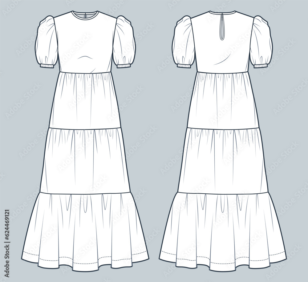Puff Sleeve Maxi Dress technical fashion illustration. Tiered Dress fashion flat technical drawing template, relaxed fit, front and back view, white, women CAD mockup set. Puff Sleeve Maxi Dress technical fashion illustration. Tiered Dress fashion flat technical drawing template, relaxed fit, front and back view, white, women CAD mockup set.