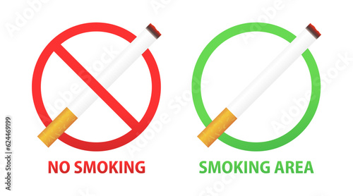 Smoking area and No smoking sign set with realistic cigarette in the forbidden red circle. Symbol of the smoking area isolated on white background. Vector illustration