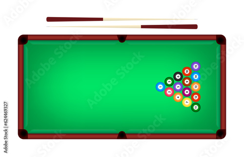 Billiard table, pool stick and billiard balls for game. Pool table with triangle, balls and cua top view. Design for billiards championship for sports game players. Vector illustration