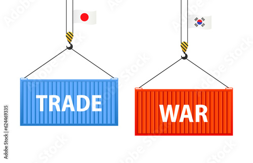 The concept of a trade war between Japan and South Korea, a port crane lifts two cargo containers. Vector illustration