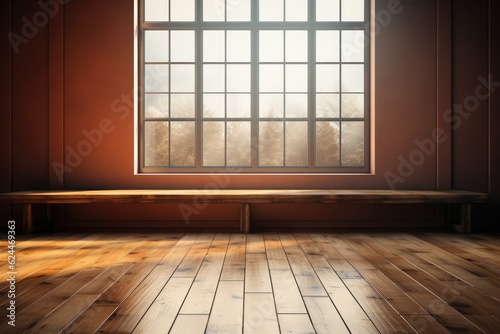 Mur vide marron et sol en bois avec un reflet int  ressant provenant de la fen  tre. Int  rieur chaleureux  ia g  n  rative