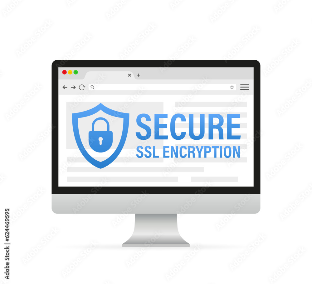 Securities ssl encryption on the computer. Web browser and safety HTTPS - internet communication protocol that protects confidentiality of users data. Concept of online security. Vector illustration