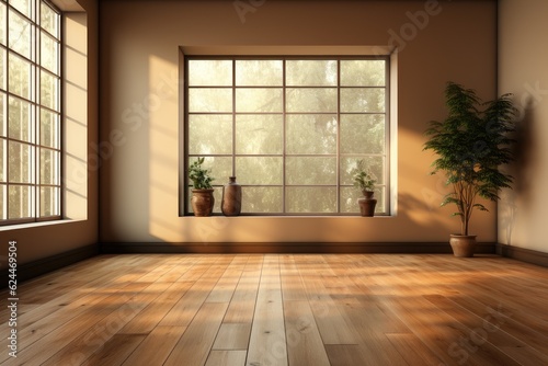Mur vide marron et sol en bois avec un reflet int  ressant provenant de la fen  tre. Int  rieur chaleureux  ia g  n  rative