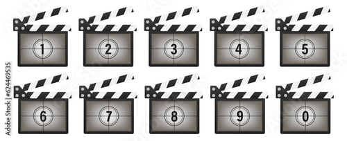 Clappers boards countdown over gray background. Film countdown set. Square counters with numbers in circles, vintage intro of movie, retro camera or projector timer. Vector illustration
