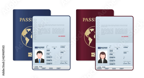 Foreign passports for men and women. Foreign passport with sample full name. Document for travel and immigration. Passport pages with sample data, photo and signature. Vector illustration
