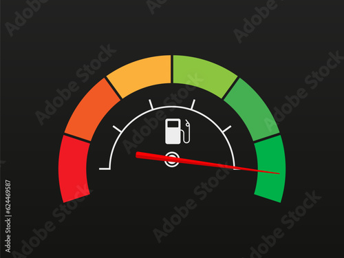 Icon full fuel pressure gauge. Сolor scale. Car gauge for measuring fuel consumption and control gas tank fullness. Performance measurement. Isolated on white background. Vector illustration