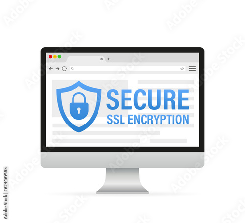 Securities ssl encryption on the computer. Web browser and safety HTTPS - internet communication protocol that protects confidentiality of users data. Concept of online security. Vector illustration